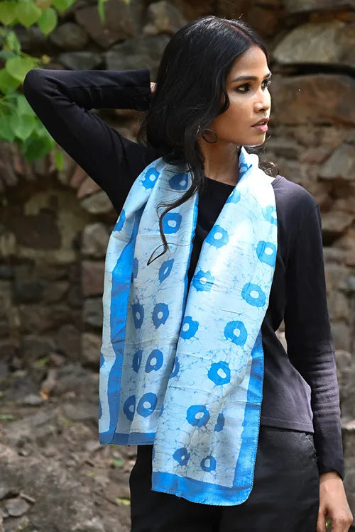 The ICH Light & Soft. Handcrafted Silk Batik Scarf - Blue Fields