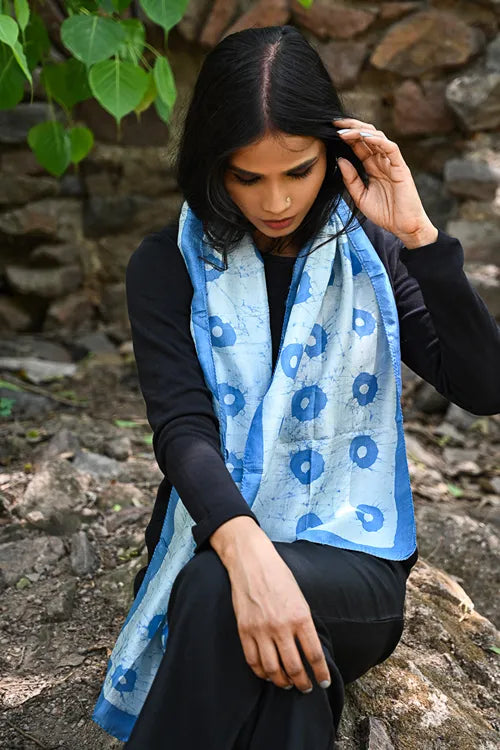 The ICH Light & Soft. Handcrafted Silk Batik Scarf - Blue Fields
