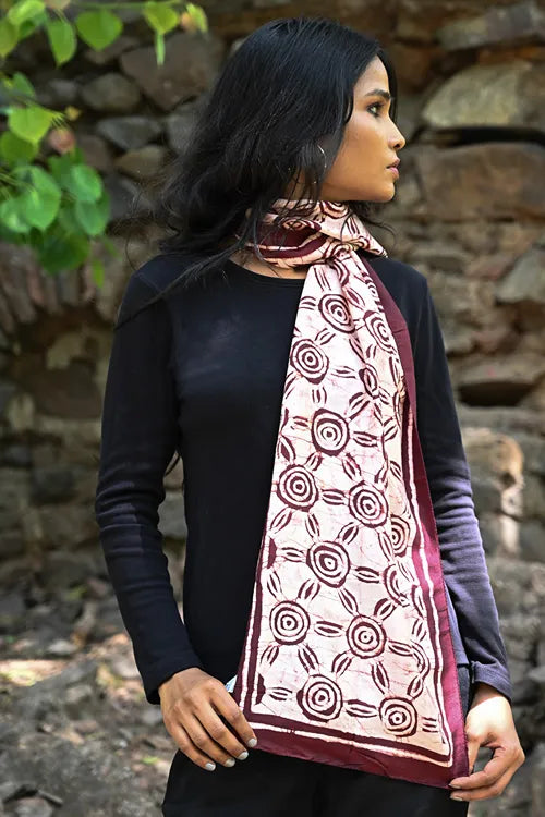 The ICH Light & Soft. Handcrafted Silk Batik Scarf - Sun Maroon