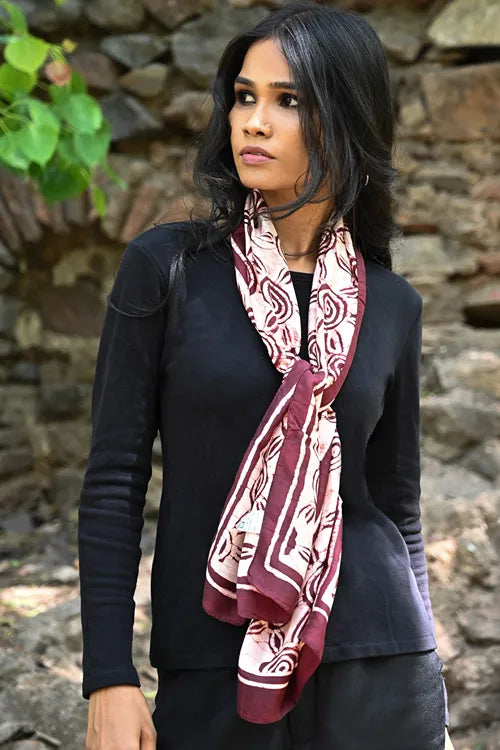 The ICH Light & Soft. Handcrafted Silk Batik Scarf - Sun Maroon