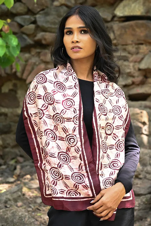 The ICH Light & Soft. Handcrafted Silk Batik Scarf - Sun Maroon