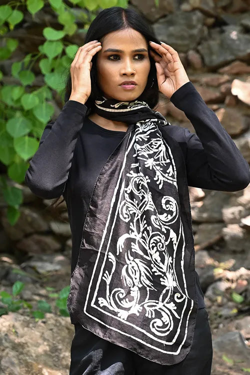 The ICH Light & Soft. Handcrafted Silk Batik Scarf - Ebony Scroll