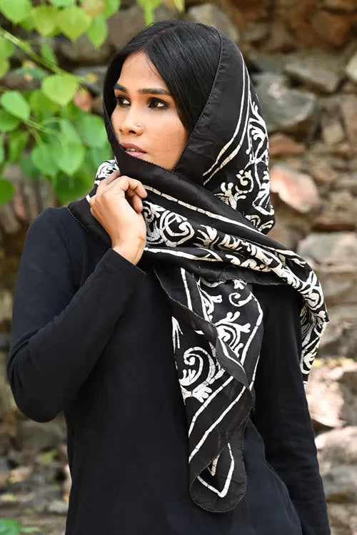 The ICH Light & Soft. Handcrafted Silk Batik Scarf - Ebony Scroll