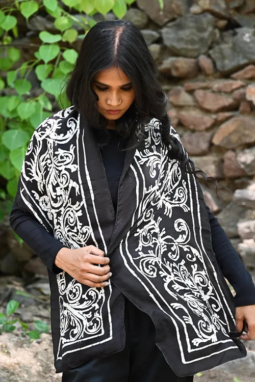 The ICH Light & Soft. Handcrafted Silk Batik Scarf - Ebony Scroll
