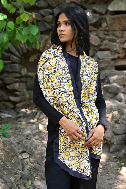 The ICH Light & Soft. Handcrafted Silk Batik Scarf - Golden Web