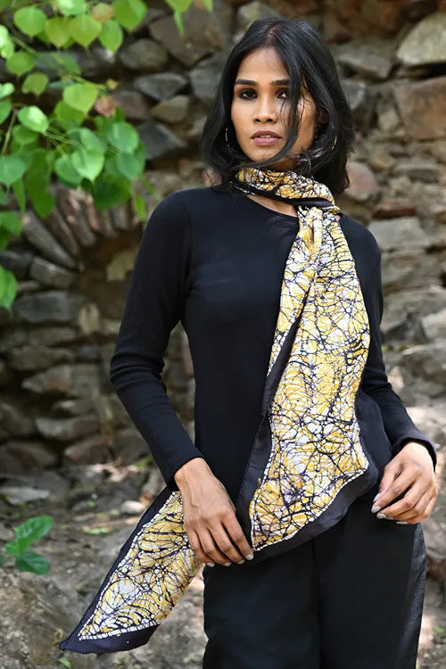 The ICH Light & Soft. Handcrafted Silk Batik Scarf - Golden Web