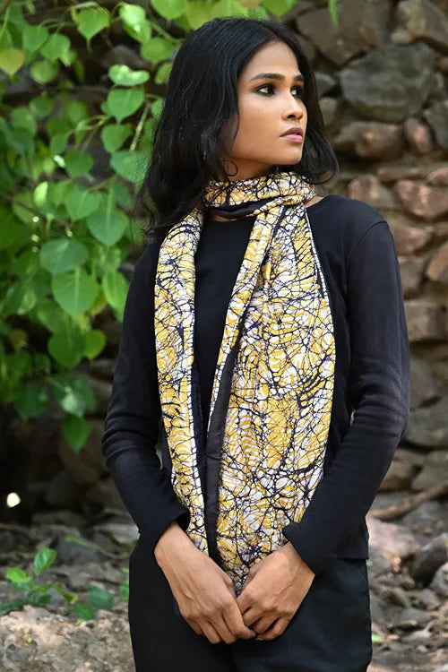 The ICH Light & Soft. Handcrafted Silk Batik Scarf - Golden Web