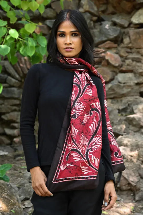 The ICH Light & Soft. Handcrafted Silk Batik Scarf - Ruby Feathers