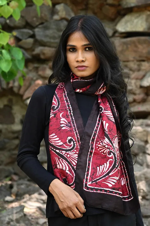 The ICH Light & Soft. Handcrafted Silk Batik Scarf - Ruby Feathers