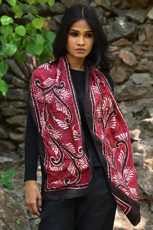 The ICH Light & Soft. Handcrafted Silk Batik Scarf - Ruby Feathers