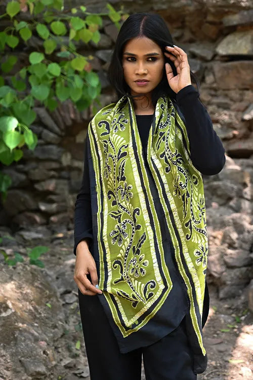 The ICH Light & Soft. Handcrafted Silk Batik Scarf - Olive Garden