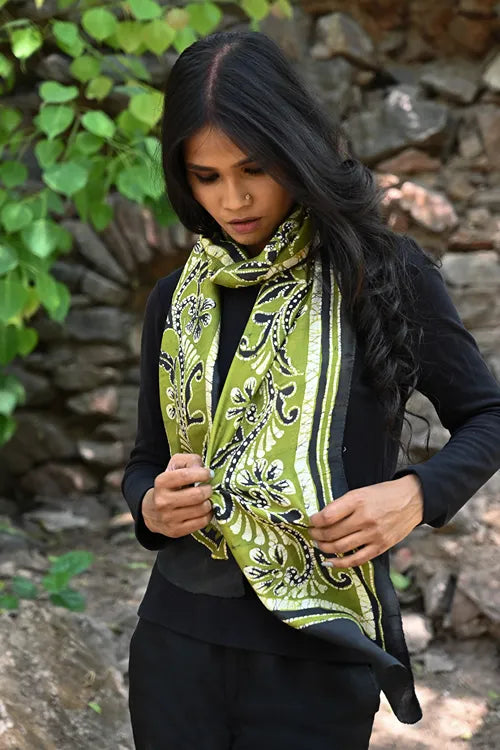 The ICH Light & Soft. Handcrafted Silk Batik Scarf - Olive Garden