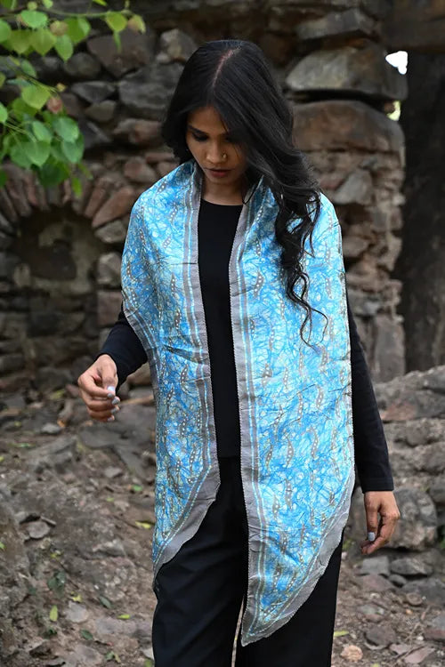 The ICH Light & Soft. Handcrafted Silk Batik Scarf - Sky Web
