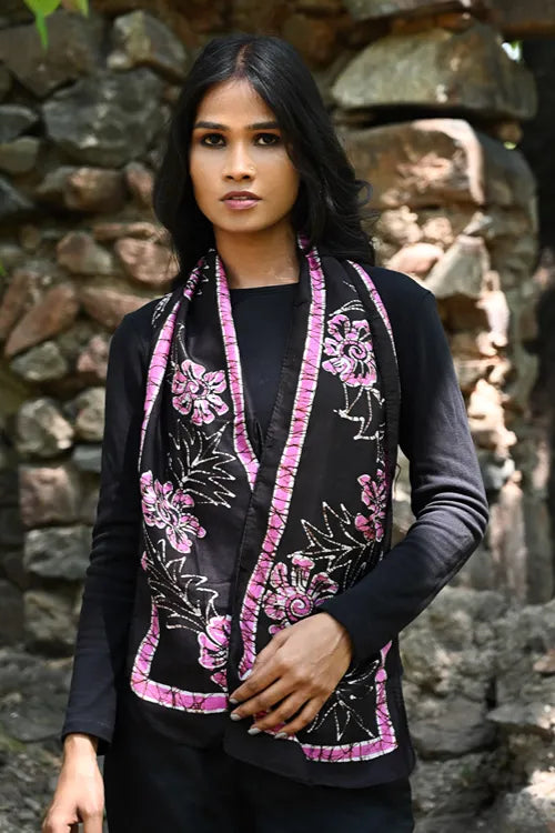 The ICH Light & Soft. Handcrafted Silk Batik Scarf - Noir Blossoms