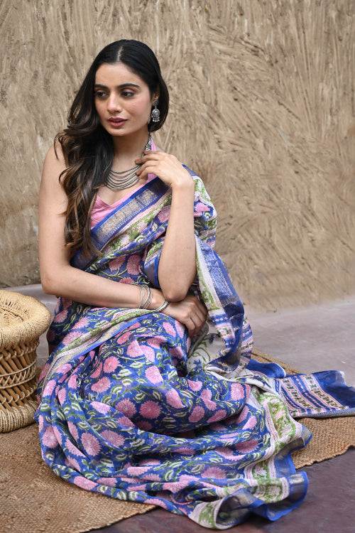 The ICH Sanganer Summers. Hand Block Printed Maheshwari Silk Cotton Saree- Neel Kamalini