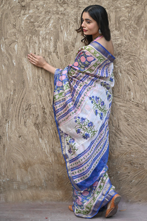 The ICH Sanganer Summers. Hand Block Printed Maheshwari Silk Cotton Saree- Neel Kamalini