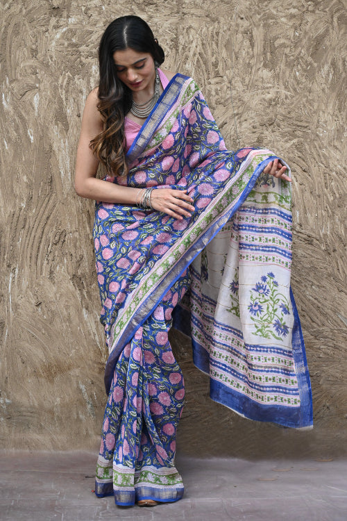 The ICH Sanganer Summers. Hand Block Printed Maheshwari Silk Cotton Saree- Neel Kamalini