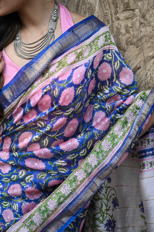 The ICH Sanganer Summers. Hand Block Printed Maheshwari Silk Cotton Saree- Neel Kamalini