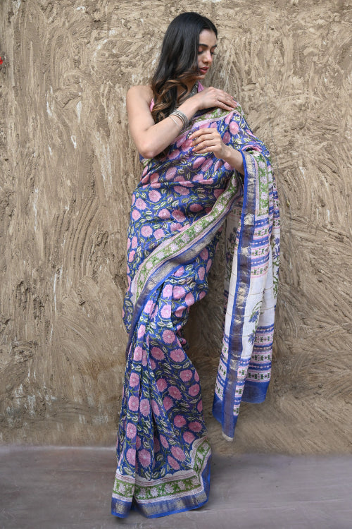 The ICH Sanganer Summers. Hand Block Printed Maheshwari Silk Cotton Saree- Neel Kamalini