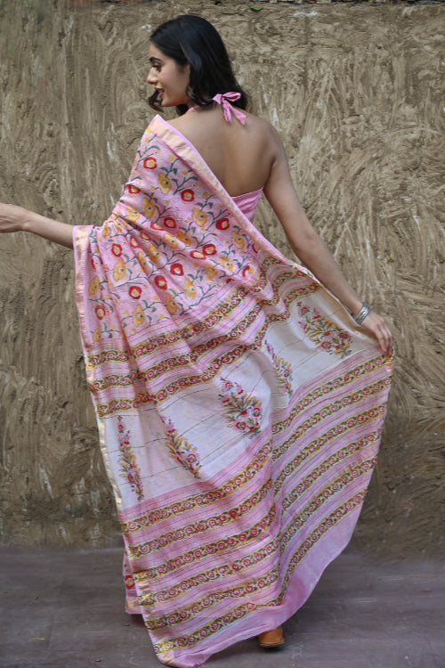 The ICH Sanganer Summers. Hand Block Printed Maheshwari Silk Cotton Saree - Kusuma