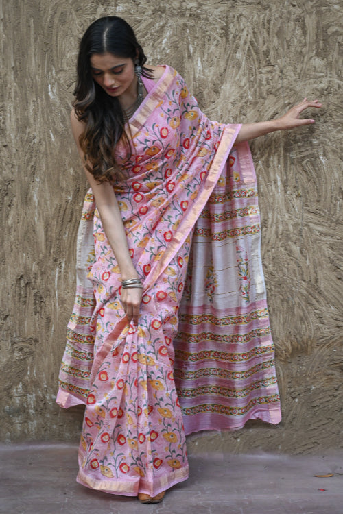 The ICH Sanganer Summers. Hand Block Printed Maheshwari Silk Cotton Saree - Kusuma