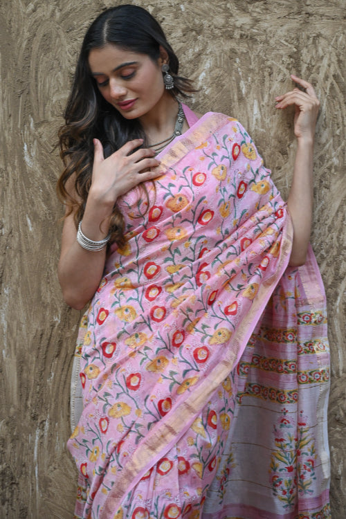 The ICH Sanganer Summers. Hand Block Printed Maheshwari Silk Cotton Saree - Kusuma
