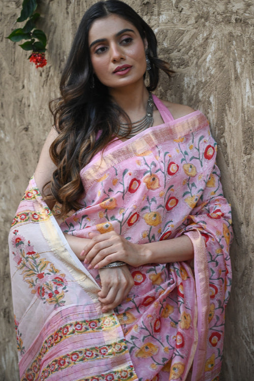 The ICH Sanganer Summers. Hand Block Printed Maheshwari Silk Cotton Saree - Kusuma