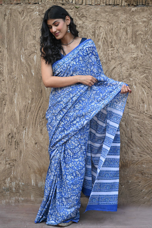 The ICH Sanganer Summers. Hand Block Printed Maheshwari Mul Cotton Saree - Vanaja