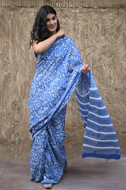 The ICH Sanganer Summers. Hand Block Printed Maheshwari Mul Cotton Saree - Vanaja