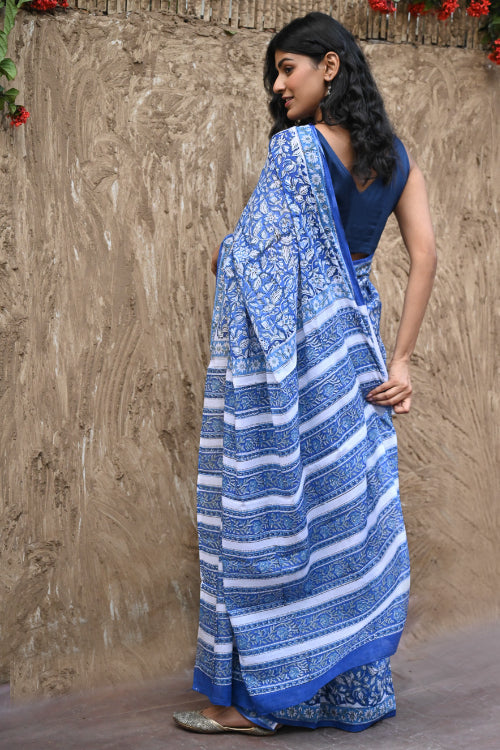 The ICH Sanganer Summers. Hand Block Printed Maheshwari Mul Cotton Saree - Vanaja