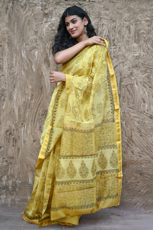 The ICH Sanganer Summers. Hand Block Printed Maheshwari Silk Cotton Saree - Pankaja