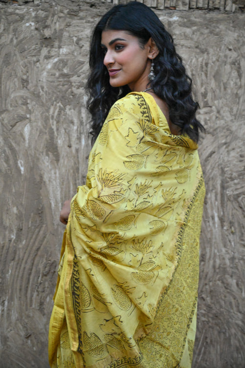 The ICH Sanganer Summers. Hand Block Printed Maheshwari Silk Cotton Saree - Pankaja