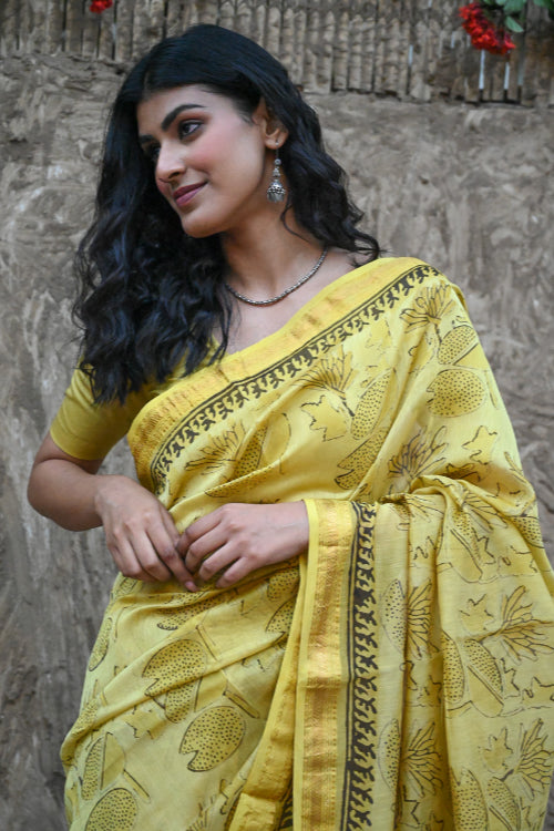 The ICH Sanganer Summers. Hand Block Printed Maheshwari Silk Cotton Saree - Pankaja