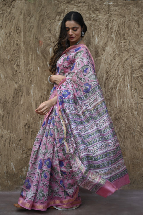 The ICH Sanganer Summers. Hand Block Printed Maheshwari Silk Cotton Saree - Mauve Florals