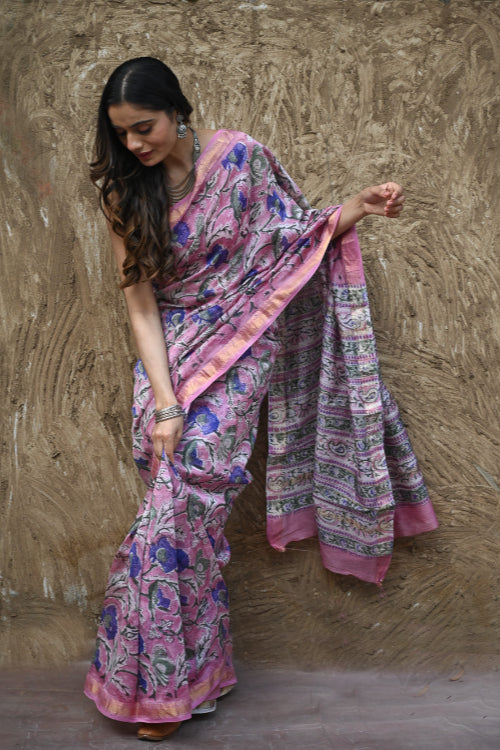 The ICH Sanganer Summers. Hand Block Printed Maheshwari Silk Cotton Saree - Mauve Florals