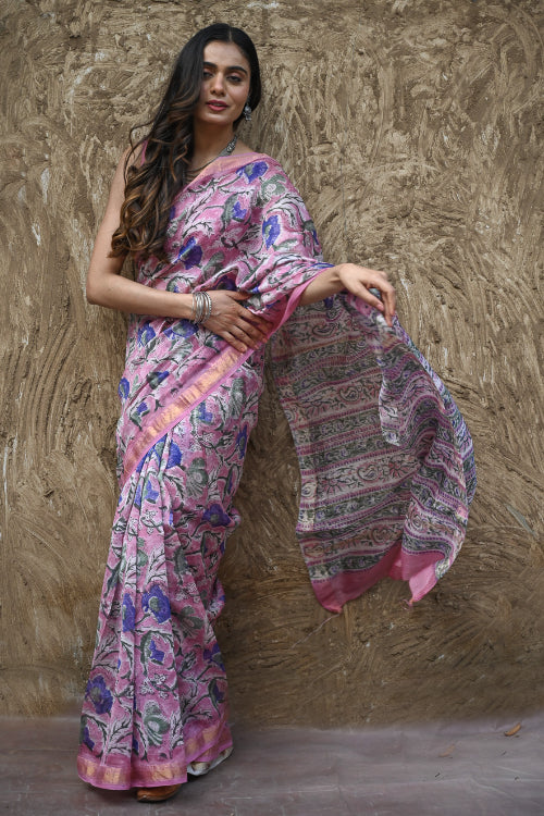 The ICH Sanganer Summers. Hand Block Printed Maheshwari Silk Cotton Saree - Mauve Florals