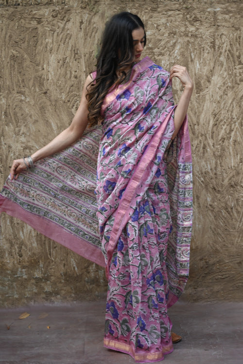 The ICH Sanganer Summers. Hand Block Printed Maheshwari Silk Cotton Saree - Mauve Florals