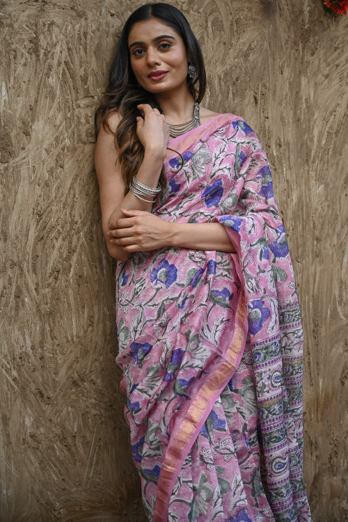 The ICH Sanganer Summers. Hand Block Printed Maheshwari Silk Cotton Saree - Mauve Florals