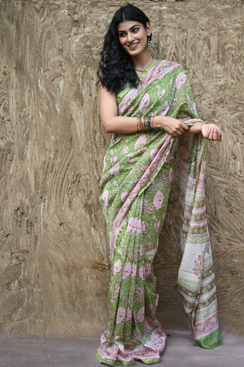 The ICH Sanganer Summers. Hand Block Printed Chanderi Saree - Green Florals