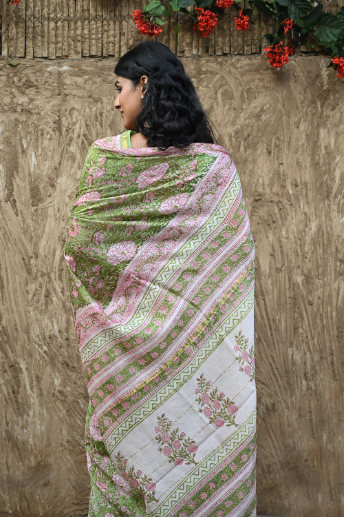 The ICH Sanganer Summers. Hand Block Printed Chanderi Saree - Green Florals