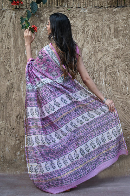 The ICH Sanganer Summers. Hand Block Printed Chanderi Saree - Mauve Petals