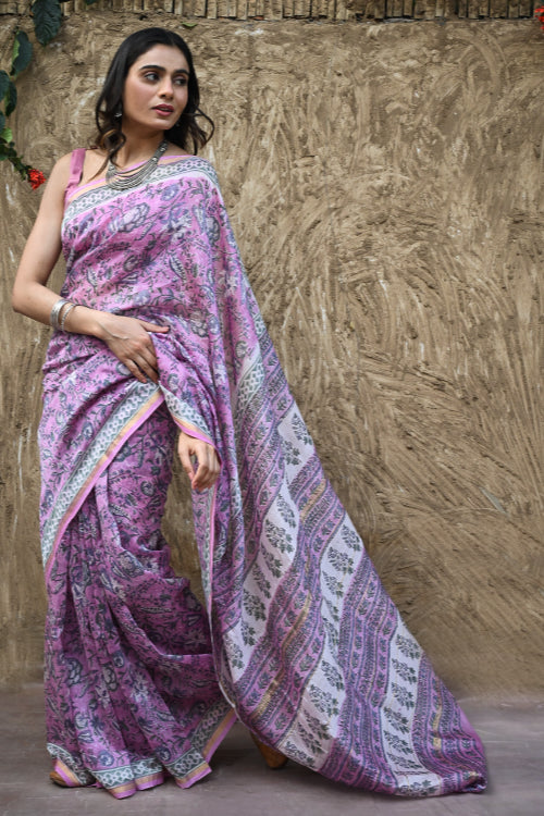 The ICH Sanganer Summers. Hand Block Printed Chanderi Saree - Mauve Petals