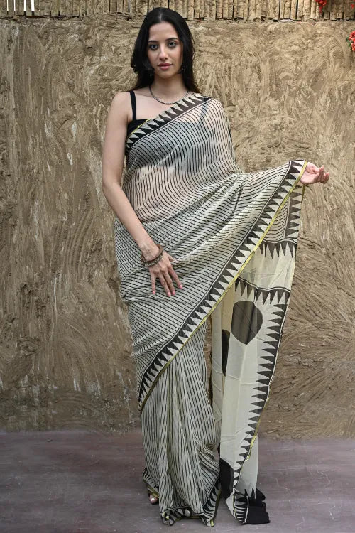 The ICH Bagru Statements : Hand Block Printed Chiffon Saree - Striking Stripes