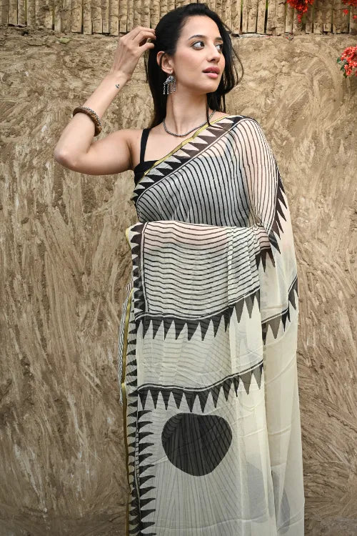 The ICH Bagru Statements : Hand Block Printed Chiffon Saree - Striking Stripes