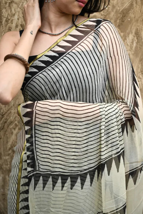 The ICH Bagru Statements : Hand Block Printed Chiffon Saree - Striking Stripes