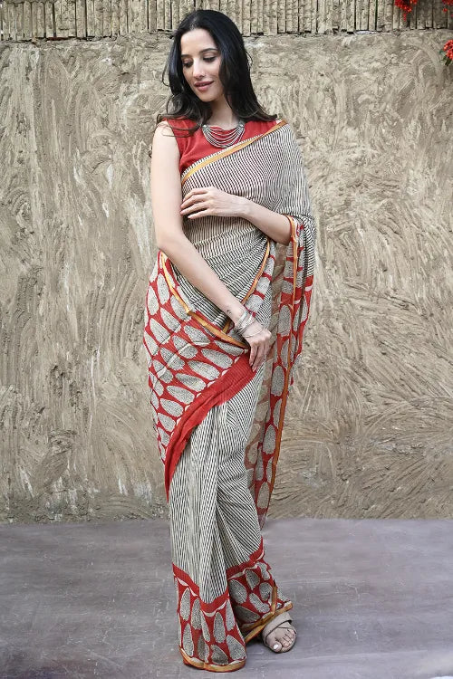 The ICH Bagru Statements : Hand Block Printed Chiffon Saree - Striped Elegance