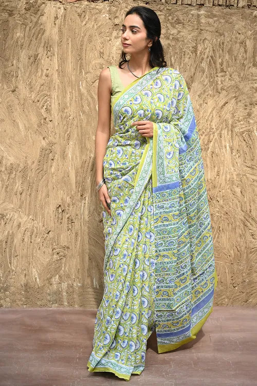 The ICH Sanganer Summers : Hand Block Printed Kota Doria Saree - Fresh Lime Garden