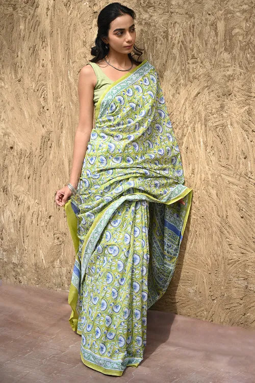 The ICH Sanganer Summers : Hand Block Printed Kota Doria Saree - Fresh Lime Garden