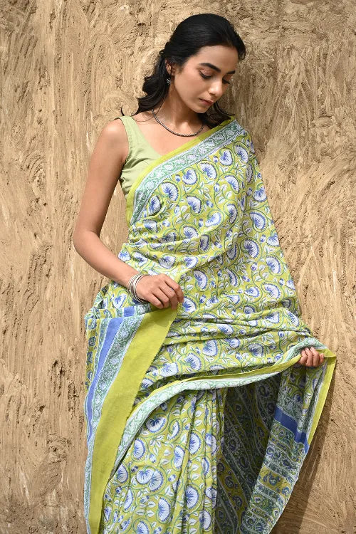 The ICH Sanganer Summers : Hand Block Printed Kota Doria Saree - Fresh Lime Garden