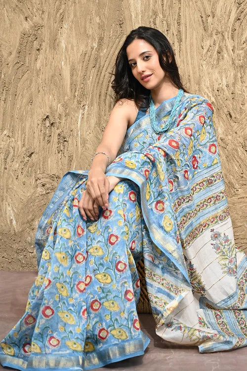 The ICH Sanganer Summers : Hand Block Printed Maheshwari Saree - Blue Bells